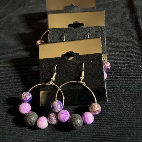 Essential Diffuser Hoop Earrings black & pink agate beads and stones Handmade - Picture 3 of 3